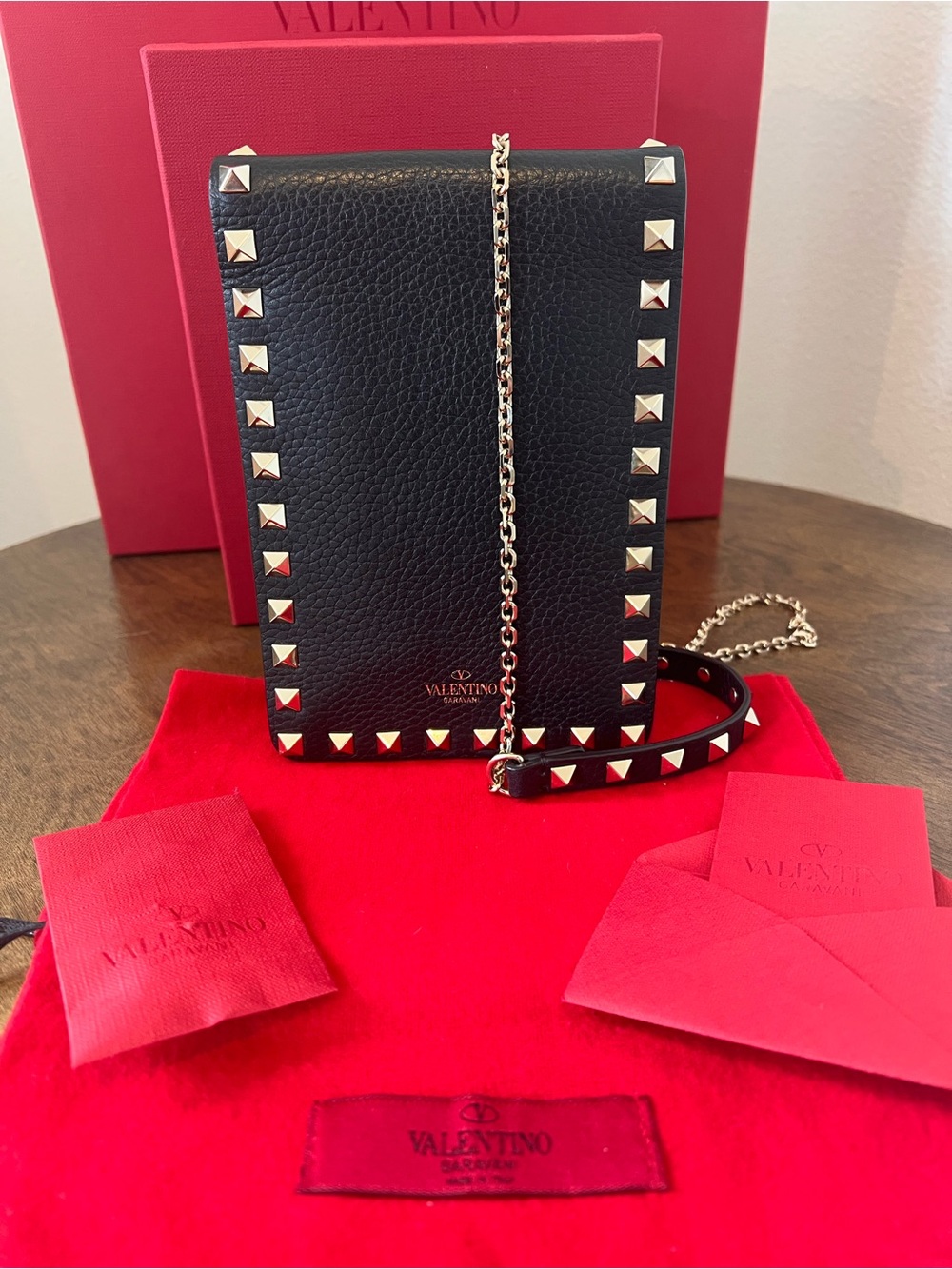 Valentino Garavani Black Leather Rockstud Crossbody Phone Pouch Mini Handbag